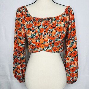 Shein Frenchy Allover Floral Print Off Shoulder Crop Blouse Long-Sleeve Sz M